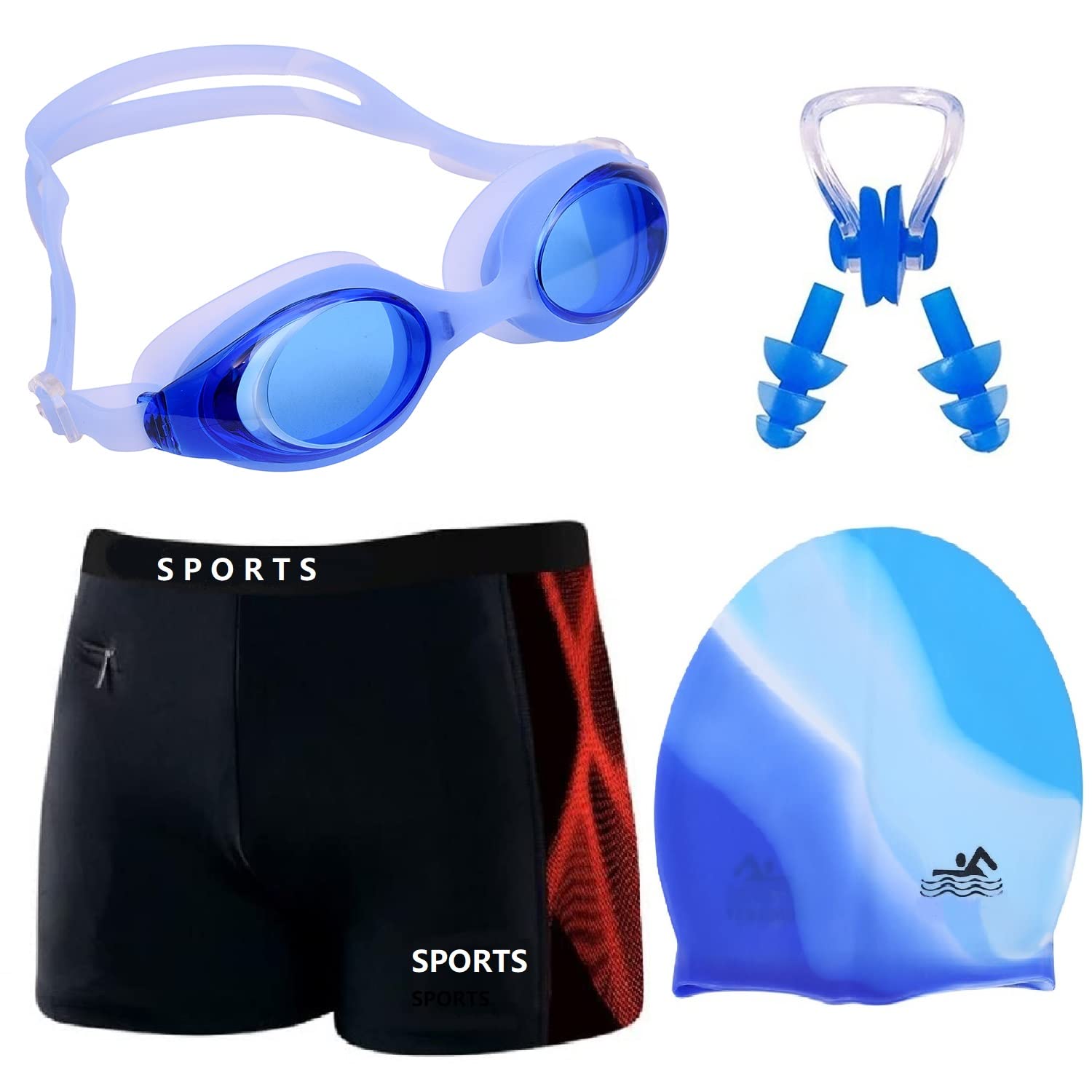 Premium Boy Men's Swimming Kit with 1 Swimming Costume Shorts Trunk 1 Anti Fog Swimming Goggles 1 Silicone Swimming Cap 1 Nose Clip 2 Ear Plugs
