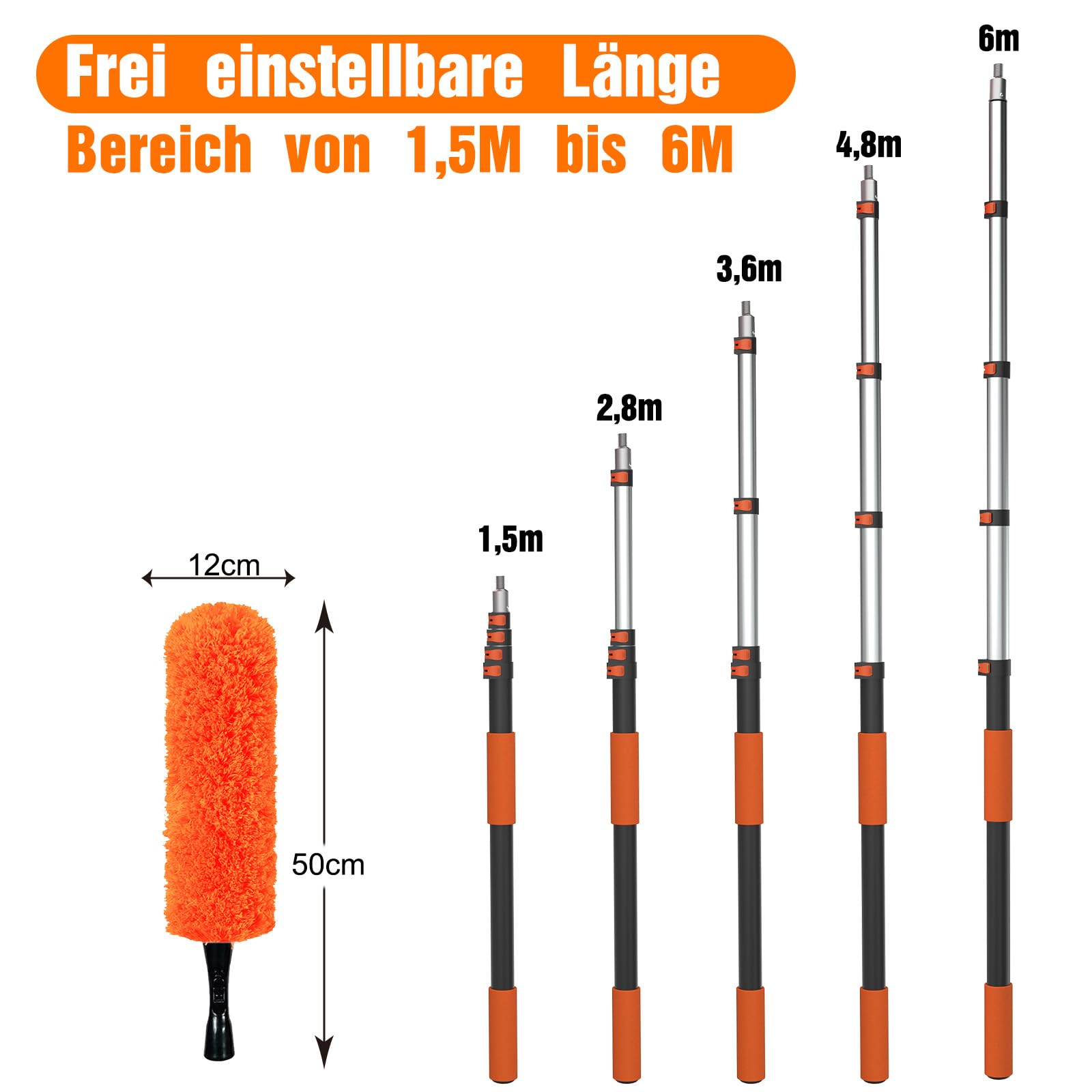 LAANPOLE 6M Staubwedel Teleskop Waschbar, Spinnwebenbesen mit Teleskopstiel, Fensterabzieher zum Reinigen von Decken, Lücken, Deckenventilatoren
