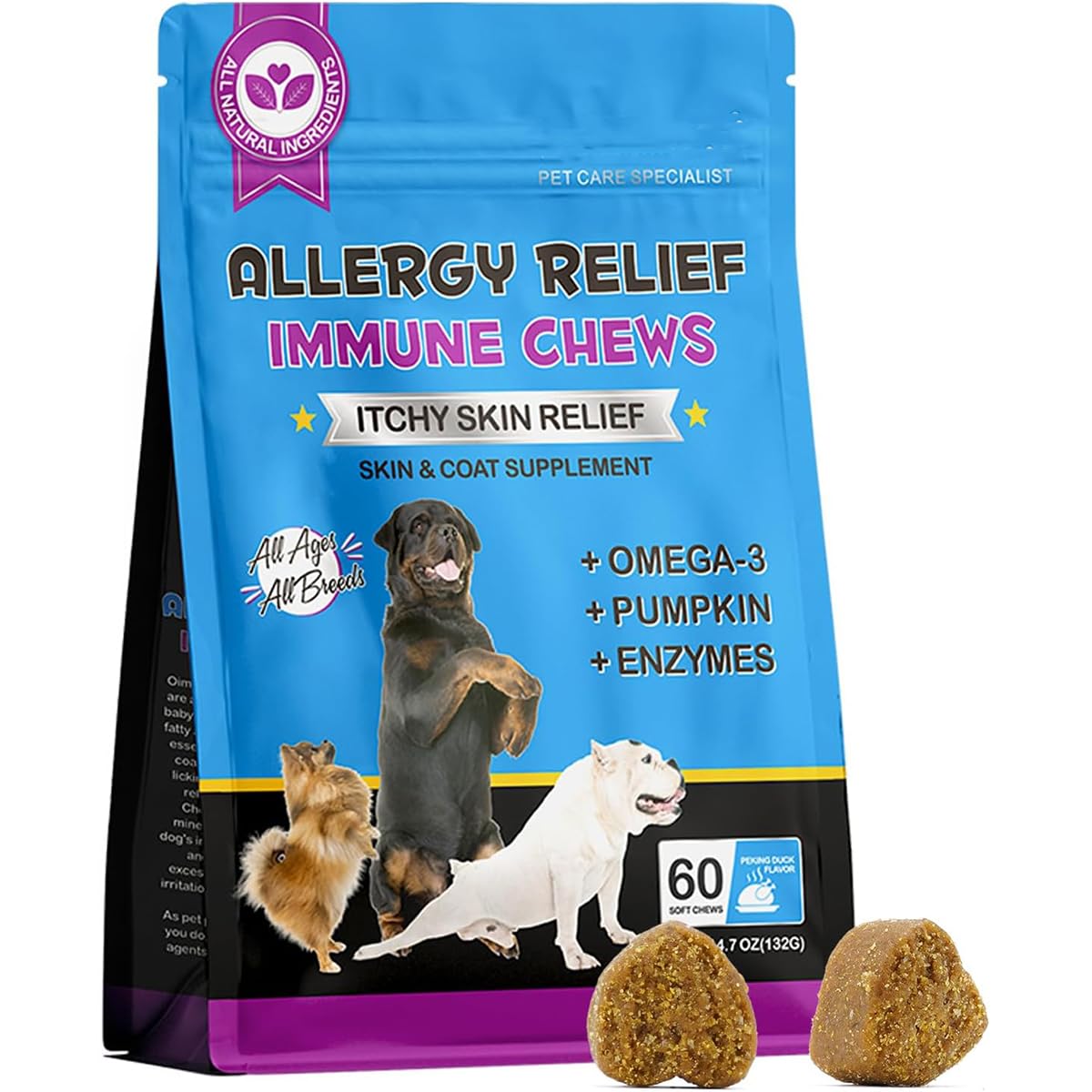 Dog Allergy Relief Chews (60 Treats) – Itch Relief & Immune Support for Dogs, Helps Support Itchy Skin, Paws, Ears & Coat Health, Omega 3, Probiotics & Vitamins, Peking Duck Flavor, All Breeds & Sizes