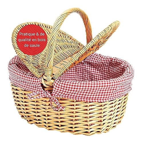 WOMA Panier en Osier Avec Doublure Rouge à Carreaux Blancs - Naturel Tressé Avec Couvercle & Anse - Pour Courses, Pique-Nique ou Cadeau