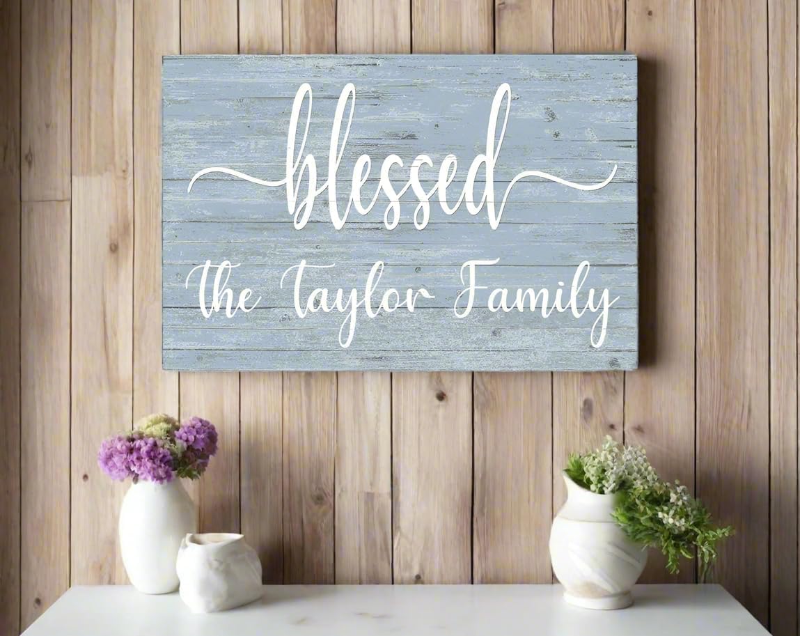 Blessed Family Sign Custom Family Name Sign Personalized - Solid Wood - Wall Art for Anniversary, New Home, Mother's Day, Couples Gift Idea (Blue)