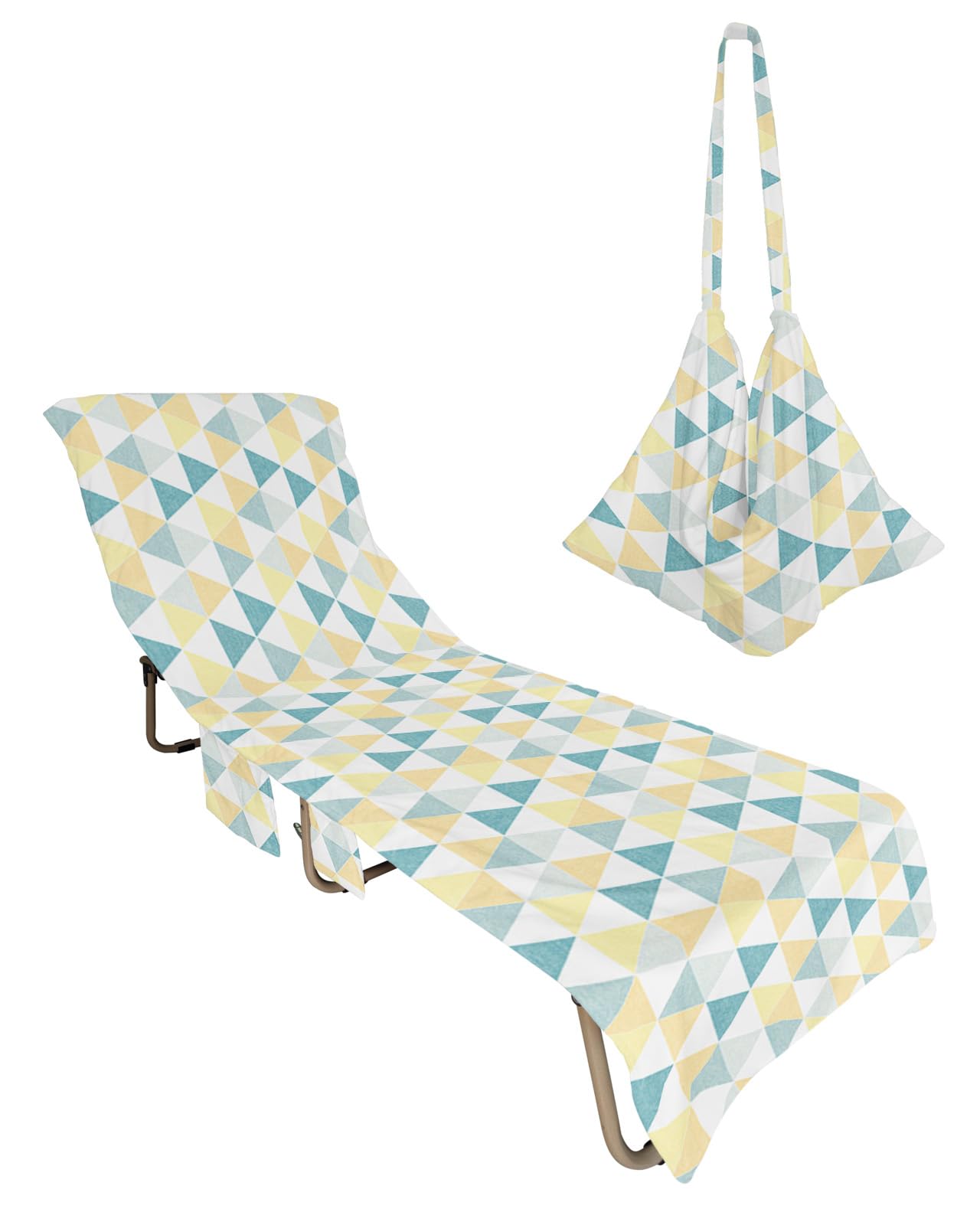 Teal Yellow Geometric Beach Lounge Chair Towel Cover, Soft Chaise Lounge Towel with Side Pockets Patio Pool Chairs Cover for Beach/Pool Sunbathing 29x85 Modern Triangle Abstract Art