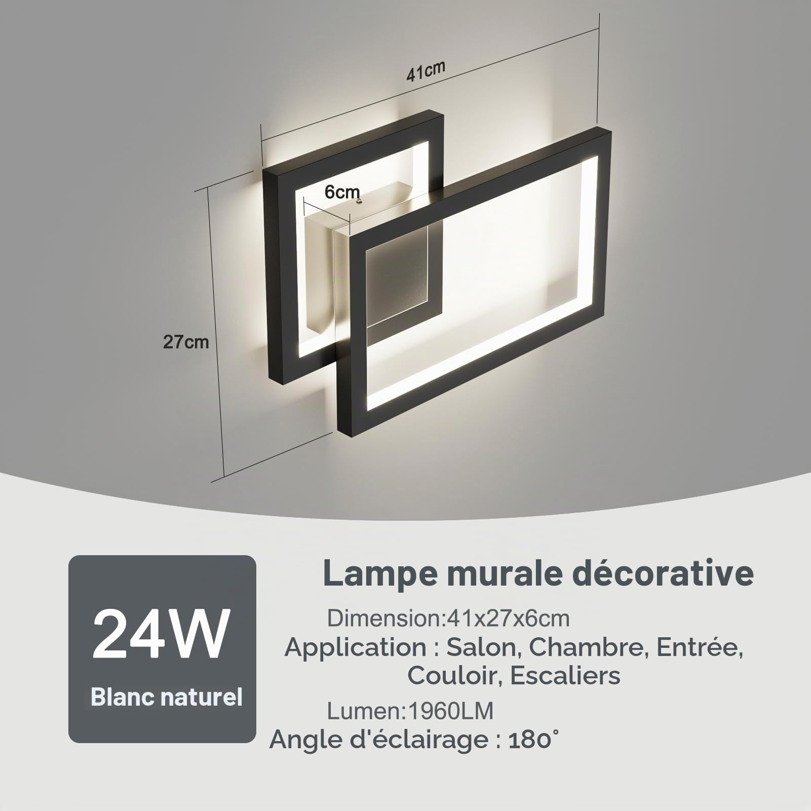 Klighten Applique Murale Interieur Design, Lampe Murale LED Mordern, Appliques Interieur Décoratif, Lumière mural pour Chambre, Salon, Couloir, 24W, 1960LM, Blanc Naturel 4000K, Noir