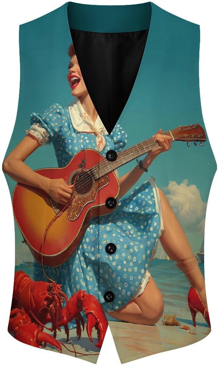 Lobster Beach Woman Guitar Men's Suit Vest Formal Vests Casual Dress Fit Waistcoat Casual Tuxedo for Business
