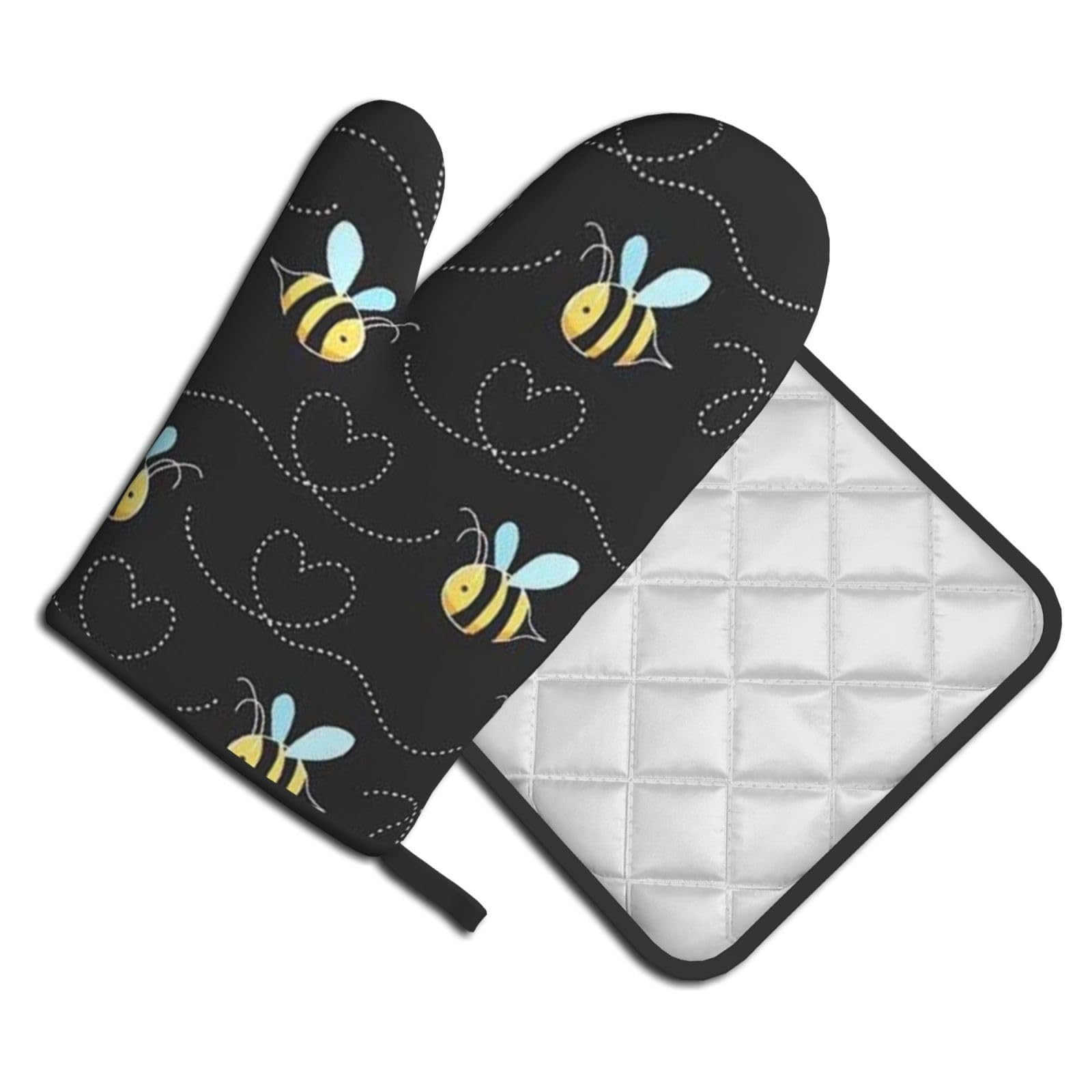 Oven Mitts and Pot Holders Set of 2 Pcs, Bees Printed Heat Resistant Kitchen Gloves Potholders for Cooking Baking Grilling