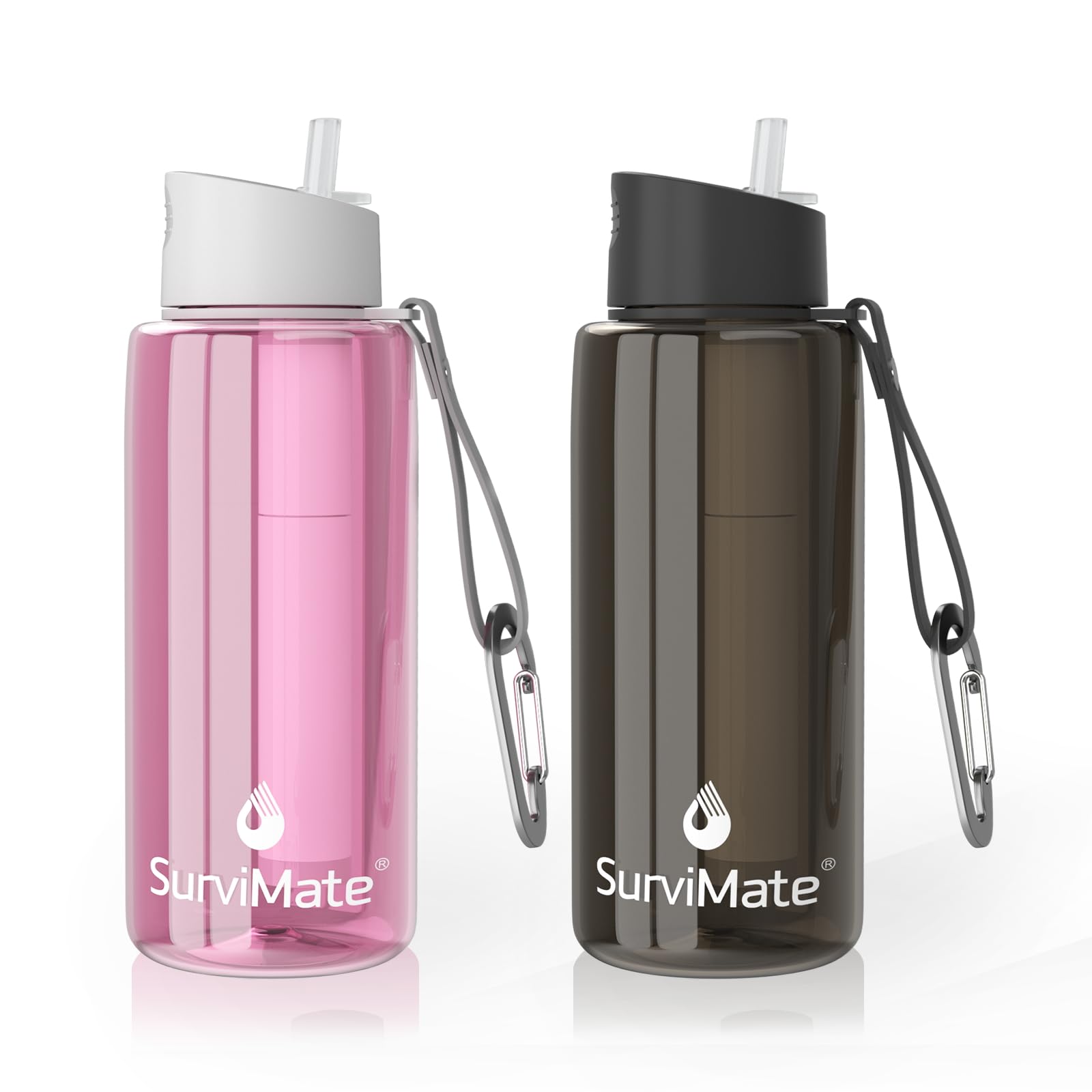 SurviMate Gereinigte Wasserflasche für Camping, Wandern, Rucksackreisen und Reisen, BPA-frei, mit 5-stufigem integriertem Filterstrohhalm