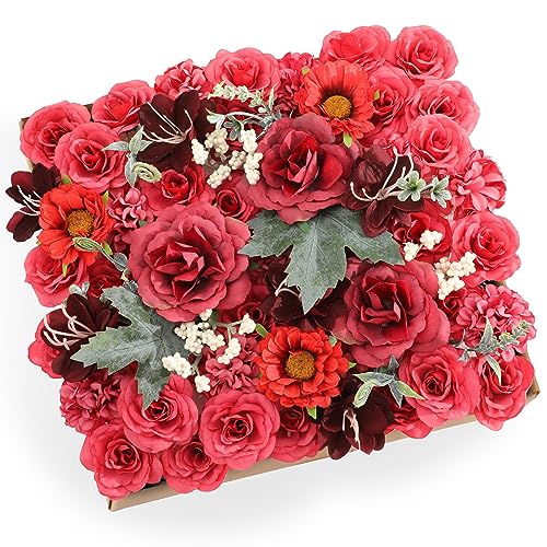 POWKLX 79PCS Artificial Flowers, Fake DIY Flowers Silk Flower Leaf with Stems for Wedding Bouquets Centerpieces Baby Shower Party Cake Faux Flowers Floral Arrangements Home Decor(Vintage Red)