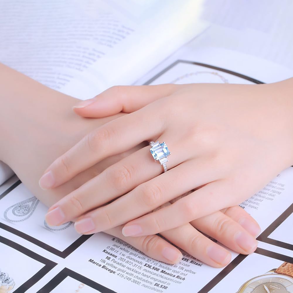 925 Sterling Silver Aquamarine Ring Three-Stone 7 * 9 MM Emerald Cut Aquamarine Rings for Women Moissanite Engagement Rings Gift for Lover - Image 5