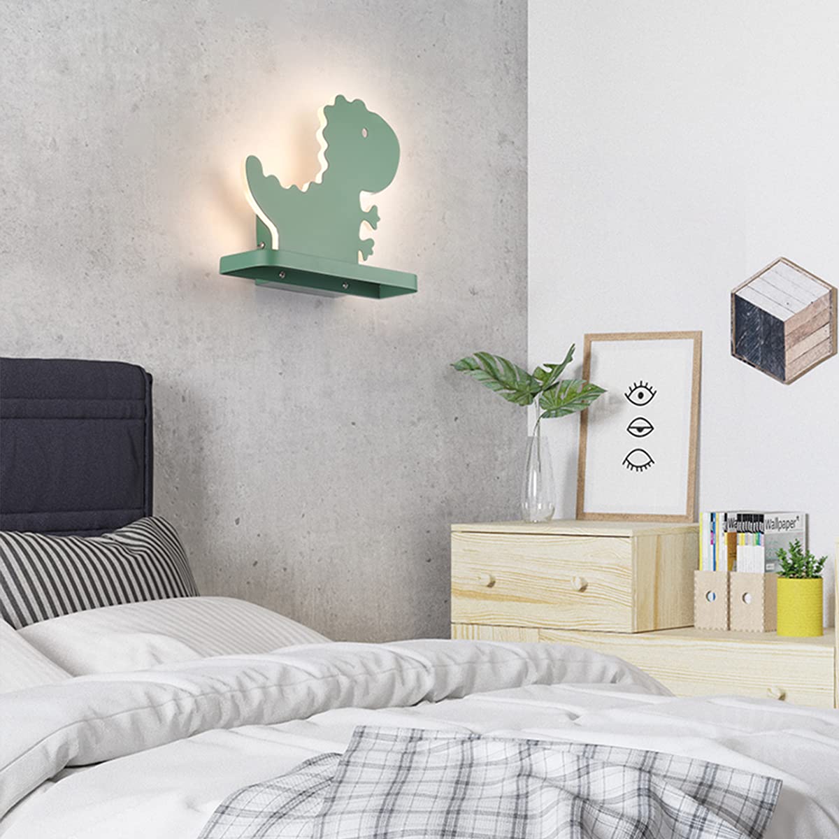 ACMHNC LED Kinder Wandleuchte Grün Dinosaurier Kinderzimmer Wandleuchte, 13W Cartoon Wandlampen Innen Für Junge Mädchen Schlafzimmer Innenbeleuchtung, Warmes Licht 3000K, Metallregal