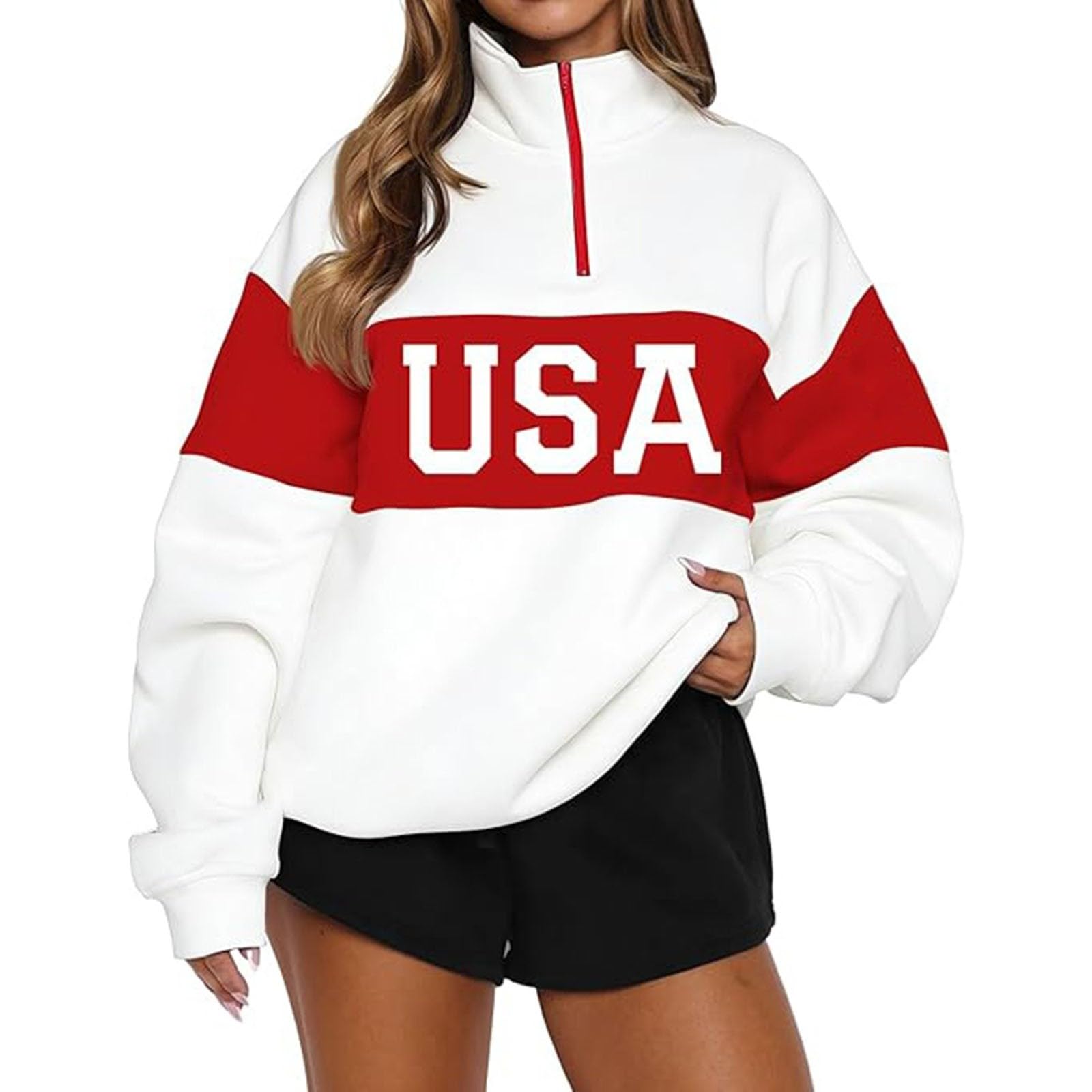 Sudadera Informal de Media Cremallera con Estampado de la Bandera Nacional para Mujer