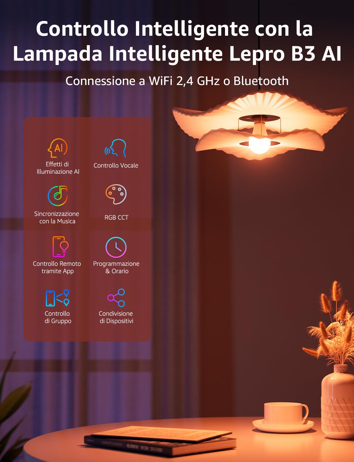 Lepro B3 AI Lampadina Smart E27, 1521LM RGB&Luce Bianca Regolabile, Progettista Illuminazione AI Personalizzato, Funziona con Alexa/Google Assistant, Connessione Wi-Fi e Bluetooth, Sync Musicale, 2pcs