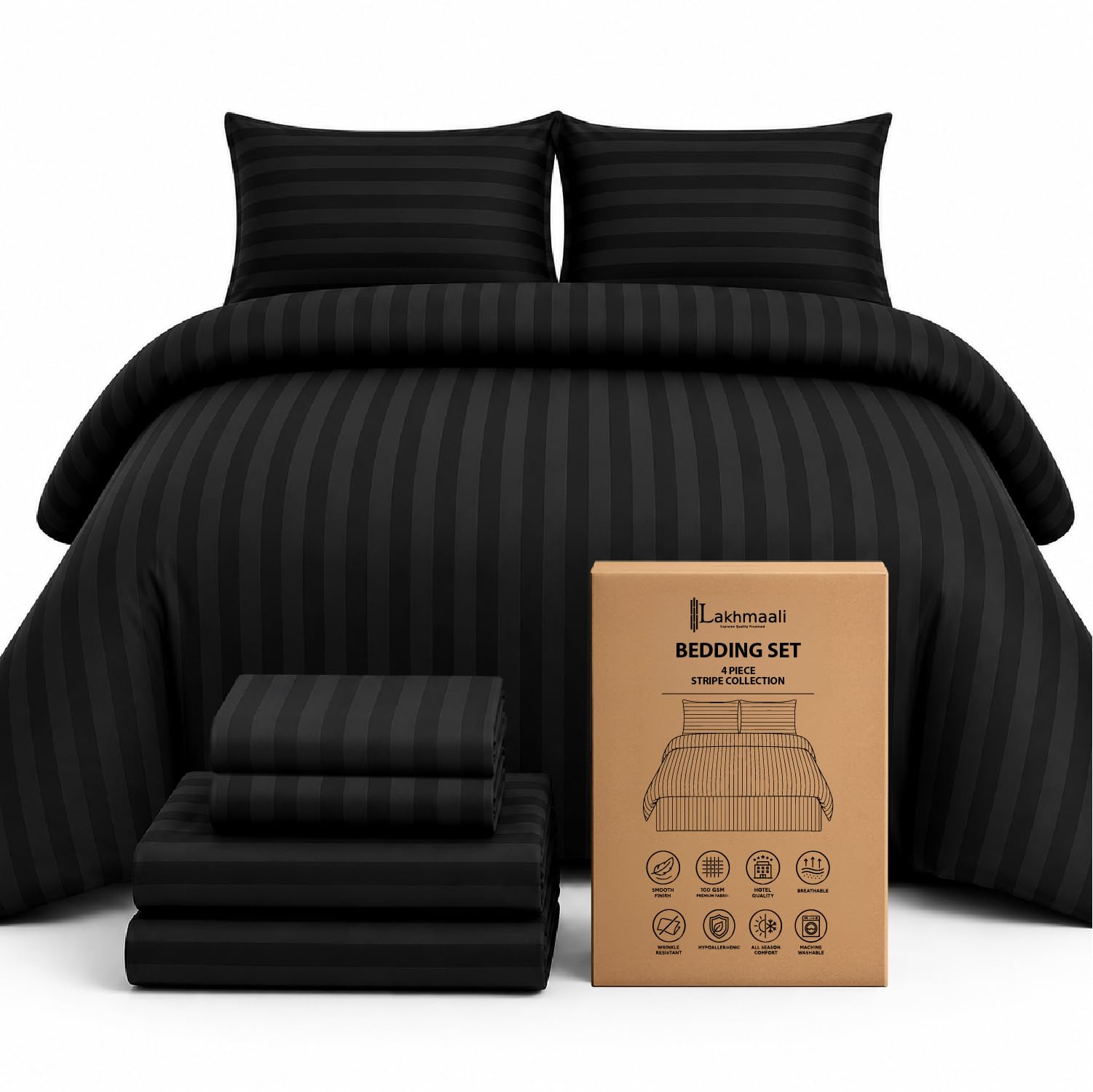 Lakhmaali Double Duvet Set - Fitted Sheet, 2 Pillow cases 50x75cm, Black