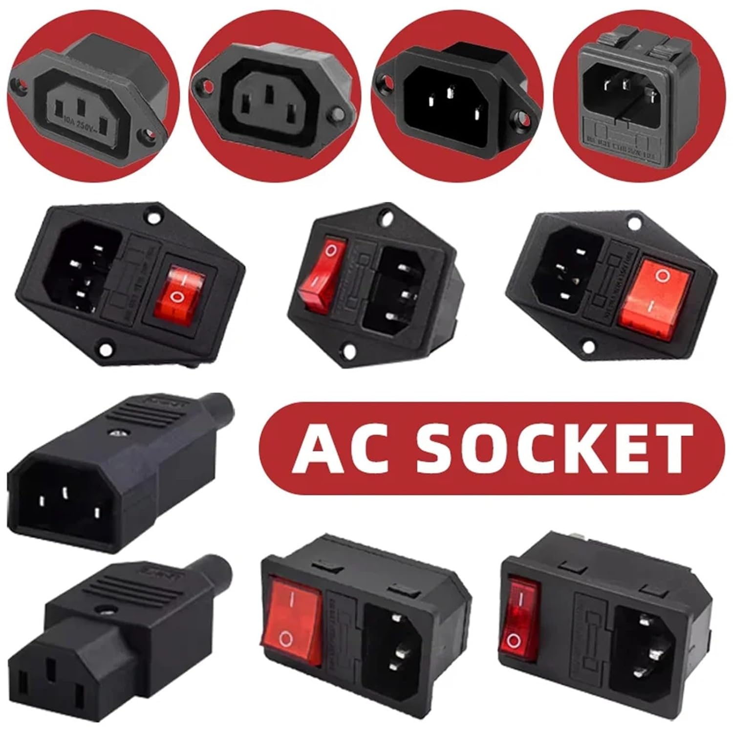 3 Pin Rocker Switch IEC 320 C13 C14 Electrical Power Socket 250V 10A Fuse Inlet Outlet Male Female Rewirable Connector(AC-01,20PCS)