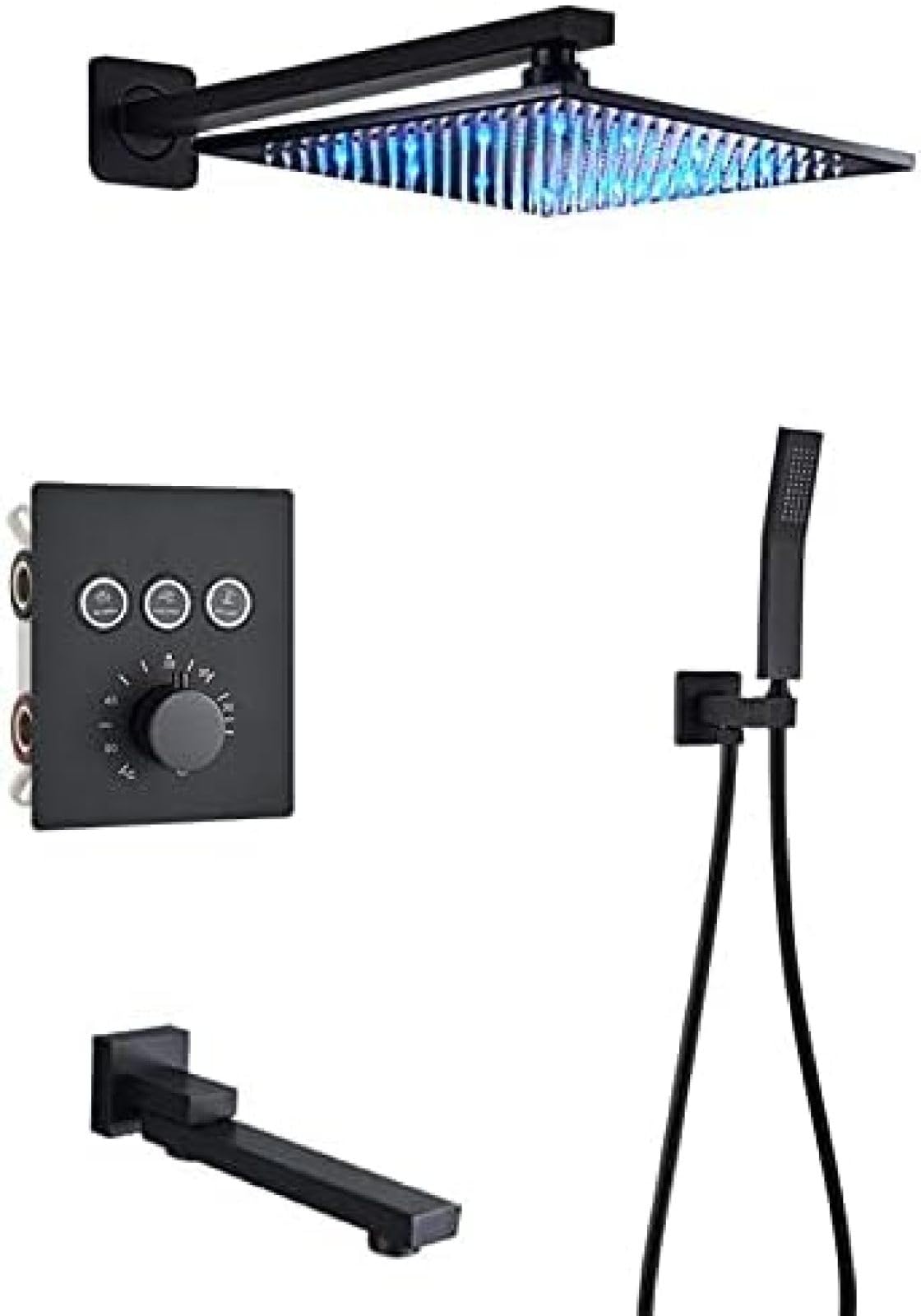 Schwarzes Thermostat-Duscharmatur-Set mit Regenduschkopf, Wand-Badewannenarmatur, 3-Wege-Armatur für 40 cm und 2-Wege-Armatur für 30 cm Deckenmontage, Luxus-Badezimmersystem