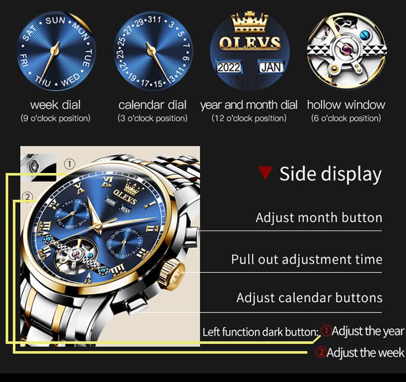 Image of OLEVS Watch Men Mechanical Luxury Classic Fashion Dress Men's Watches Waterproof Stainless Steel Self Winding Watches for Men Large Face Diamond Date No Battery Mens Watch Relojes para Hombres