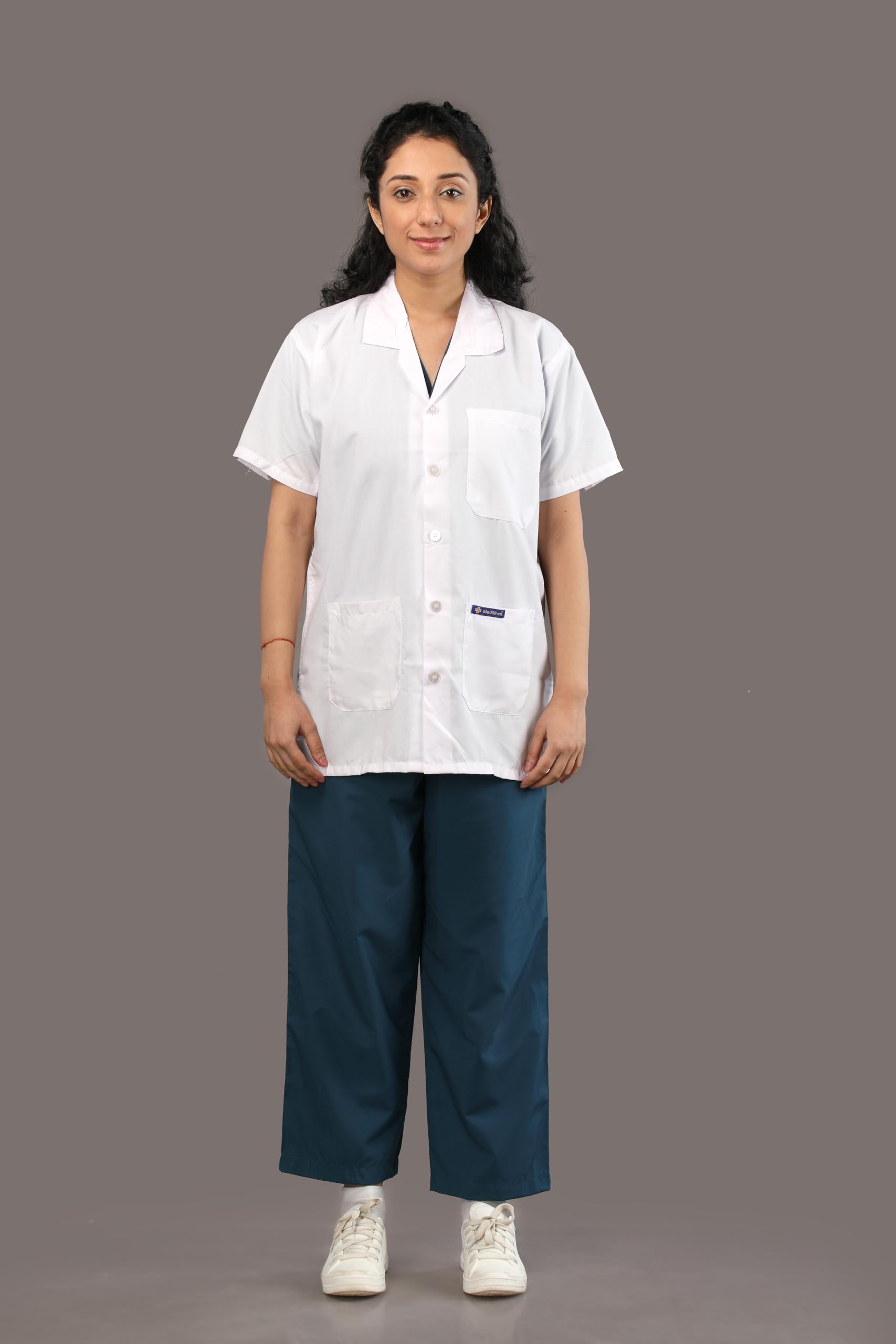 medilinen Women's Lab Coat | Poly Viscose Short Sleeves Short Medical Apron | 3 Pockets Apron Lab Coat | Uniform for Doctors White-picture-4