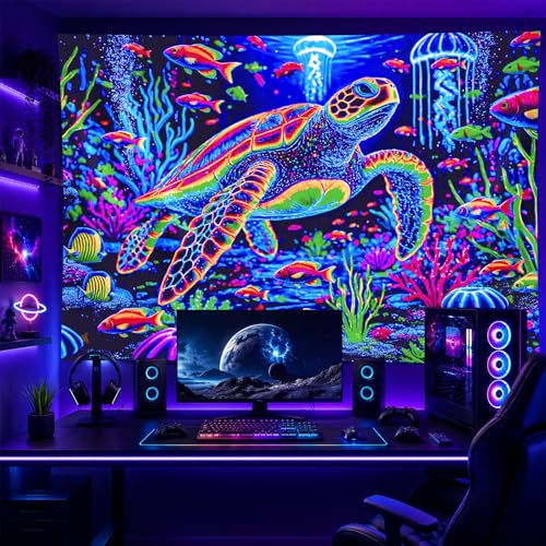 Image of BlissYard Blacklight Ocean Turtle Tapestry UV Reactive Neon Sea Turtle Wall Tapestry Underwater Animal Seashell Coastal Nautical Trippy Marine Wildlife Tapestry for Living Bedroom 51 inch X 78 inch