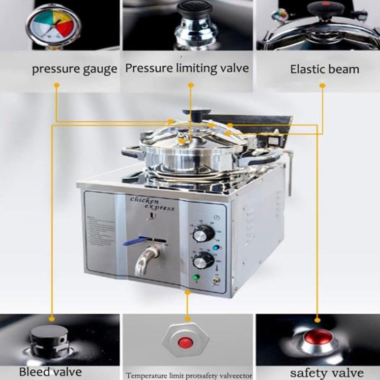16L Electric Countertop Pressure Fryer 304 Stainless Commercial Electric Countertop Pressure Air Fryer Chicken Fish Pressure Fryer Machine with Large Oil Tank for Restaurant Snack Shops