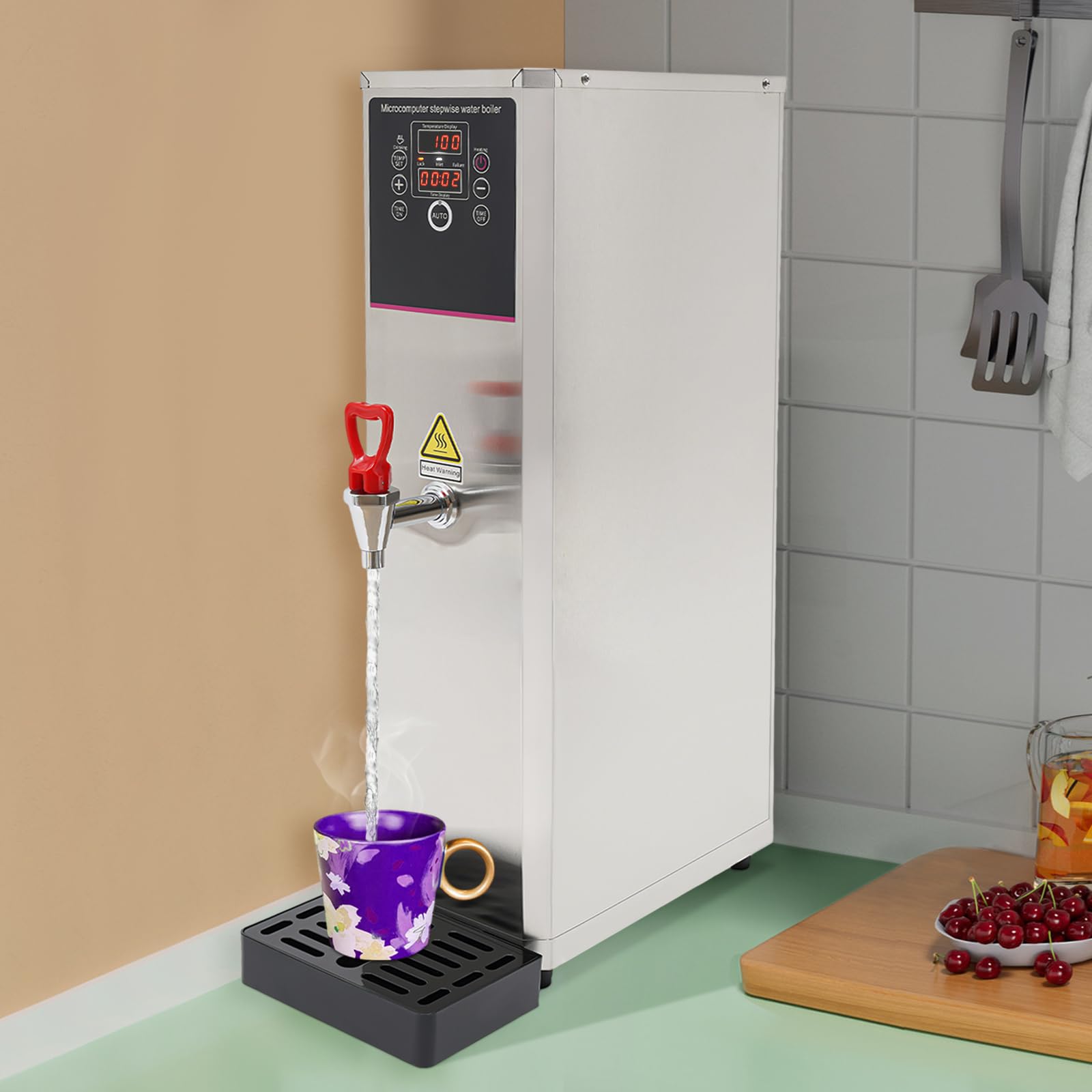 BANLICALI 20L Electric Water Boiler, 3000W Commercial Step-Heating Hot Water Dispenser with Digital Display & Drip Tray, 30-100? Water Boiler for Restaurants Schools 12-18min 110V (Silver)