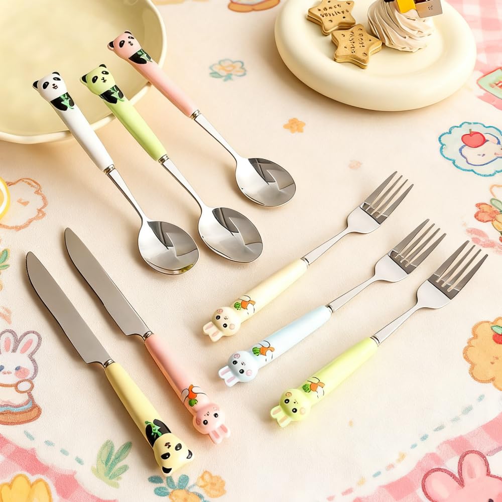 Carino Cartone Animato Ceramica Manico Cucina Acciaio Inox Argenteria Stoviglie Posate Set Bistecca Coltello Forchetta Cucchiaio Cucchiaino