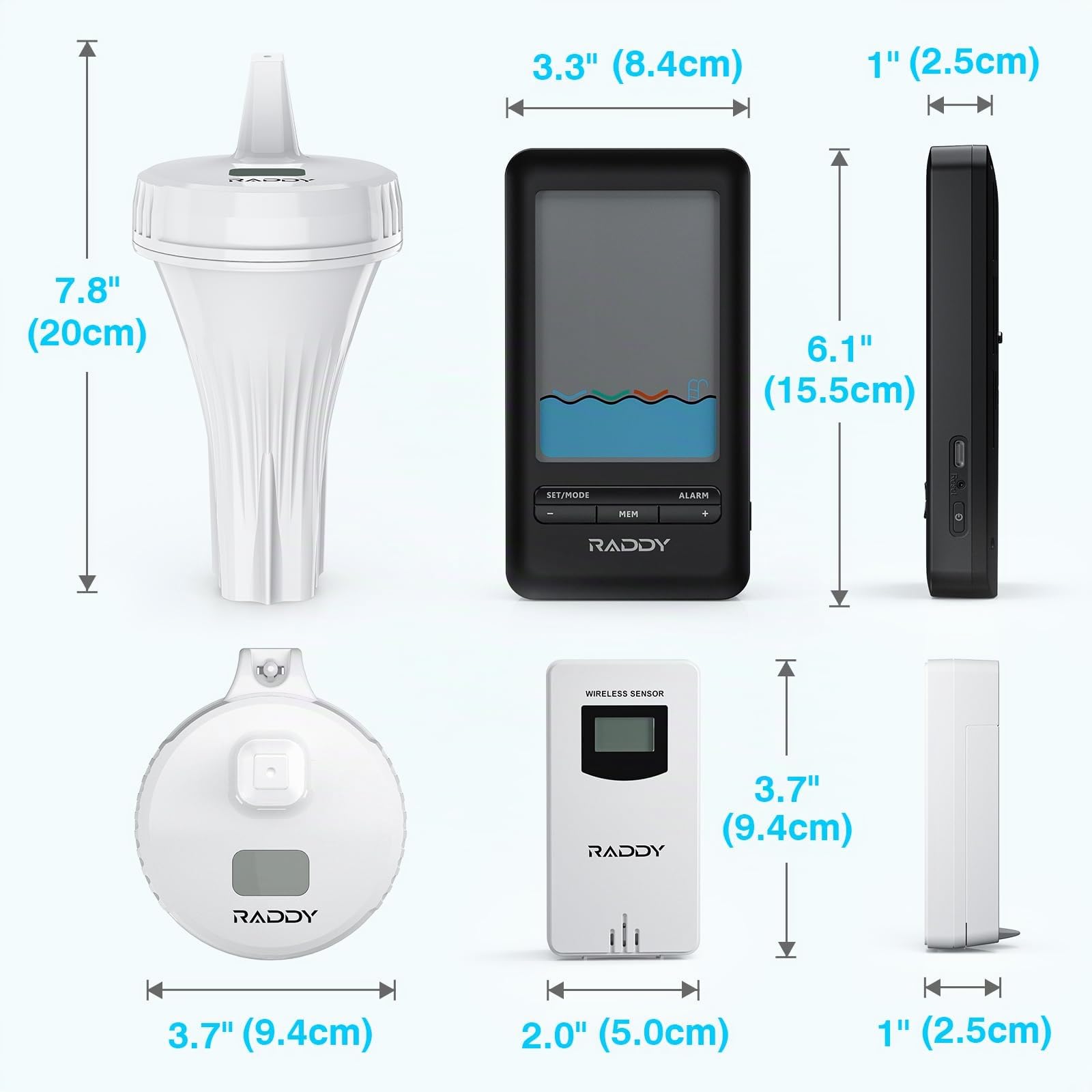 Raddy PT-3 Wi-Fi Termometro per piscina galleggiante, monitoraggio remoto tramite APP, Ampio display digitale di facile lettura, con 2 sensori aggiuntivi, per piscine interne ed esterne