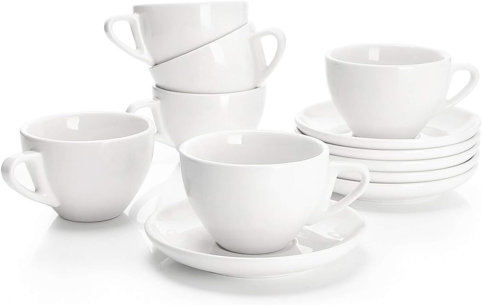 Sweese 4306 Porcelain Cappuccino Cups with Saucers - 6 Ounce for Specialty Coffee Drinks, Latte, Cafe Mocha and Tea - Set of 6, White