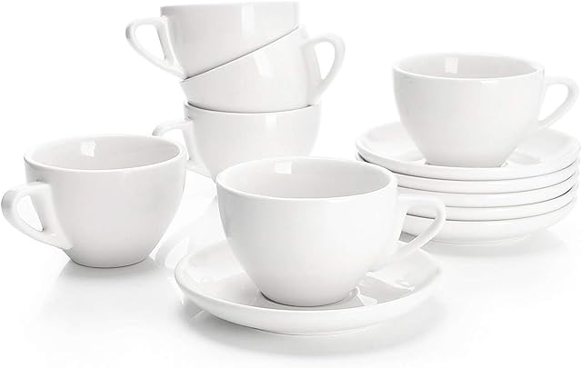 Sweese 401.001 Porcelain Espresso Cups with Saucers - 75 ml - Set of 6, White