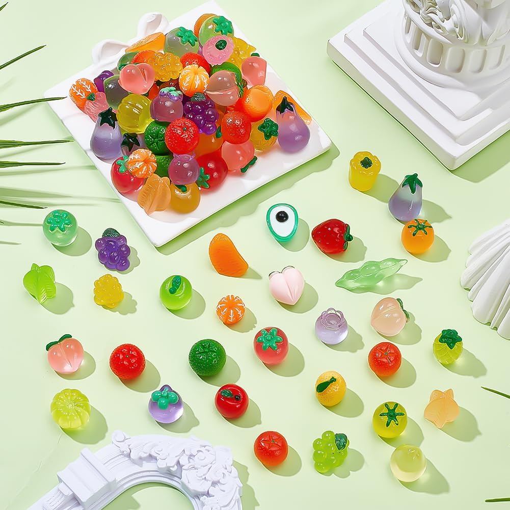 100Pcs Resin Artificial Fruits Figures Faux Pineapple Strawberry Banana Lemon Peach Fruit Decorations Fruit Luminous Decor Figure for Home Kitchen Garden Party Decor