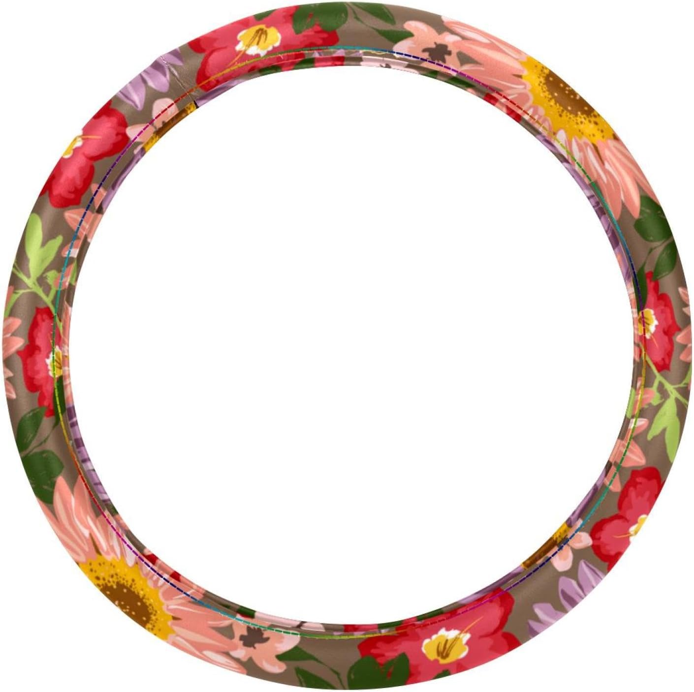 Soft Leather Car Steering Wheel Cover, Anti-Slip Protector 14.5" Universal Car Accessory for Cars Vehicles Truck SUV - Cute Flowers Floral Pattern