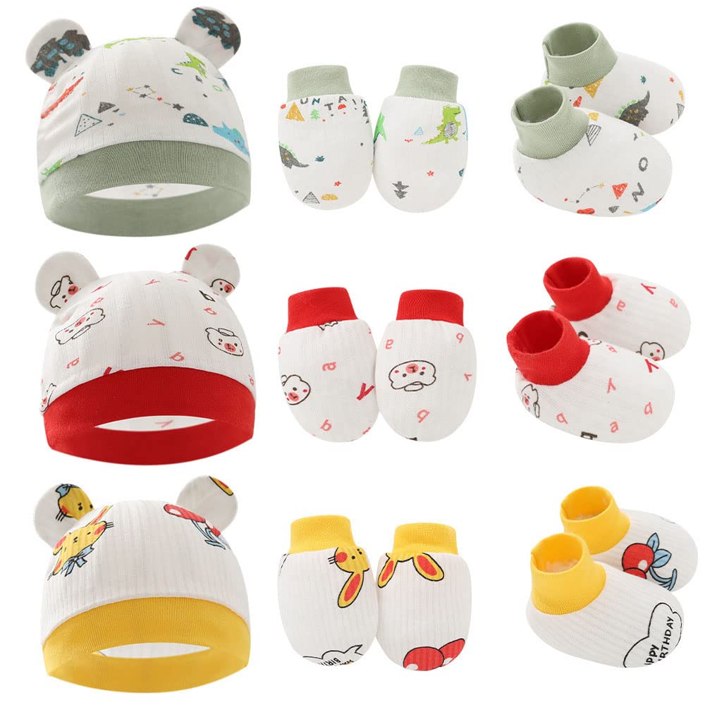Dzozo Multicoloured-A 3 Pairs Baby Hat Mittens Foot Cover Set Newborn Baby Caps Mittens Foot Cover Newborn Set Anti-Scratch Mittens Infant Beanie Hat Cotton New Born Baby Hat Mittens