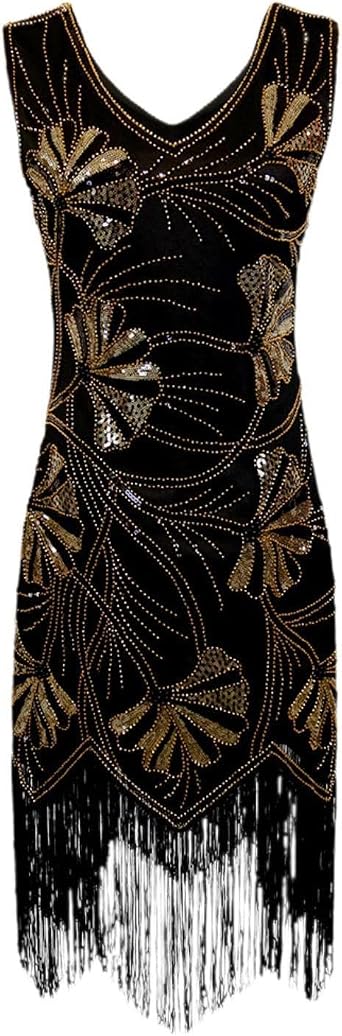 Women Sequin Dress Sparkly Fringe Latin Dance Dress for Banquet Cha Cha Rumba, Black Gold, XL