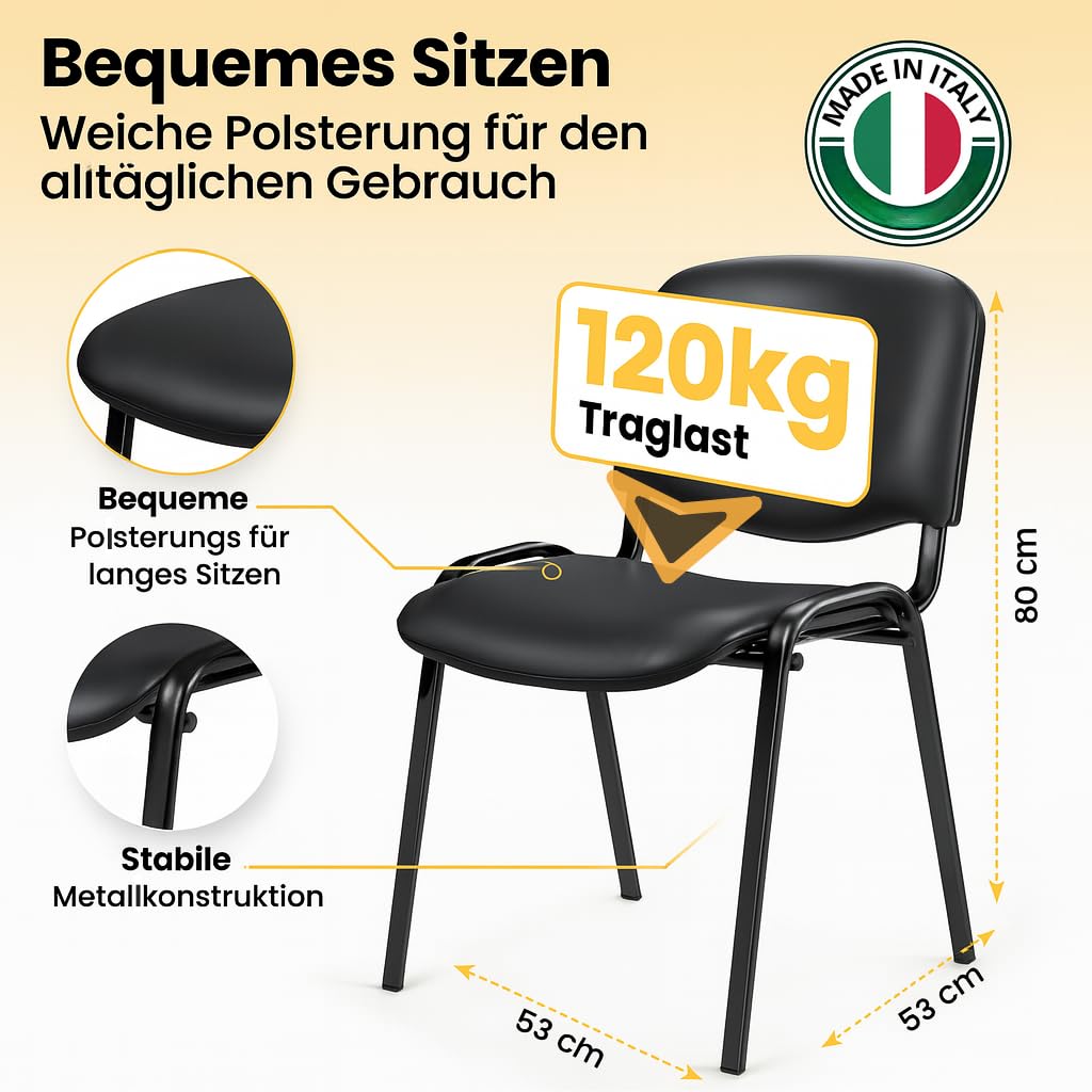 Topsit Wartezimmerstuhl aus Kunstleder, stapelbarer Besucherstuhl, Metallgestell Bürostuhl, Konferenzstuhl, Home Office, Rezeption (Schwarz)