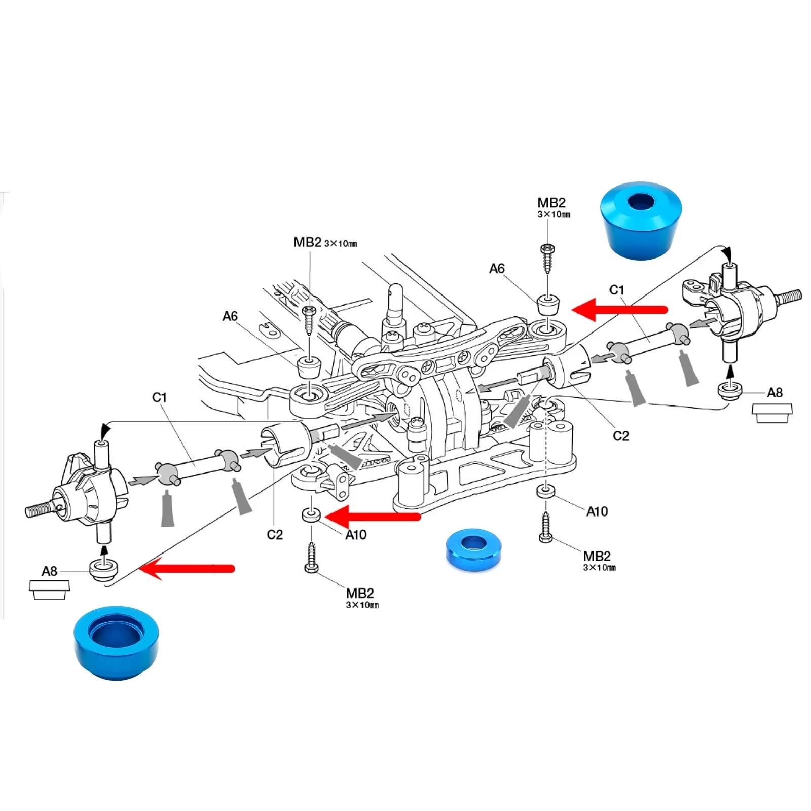 para Tamiya para TT-02 1/10 RC CNC Casquillos Brida Dirección Metal