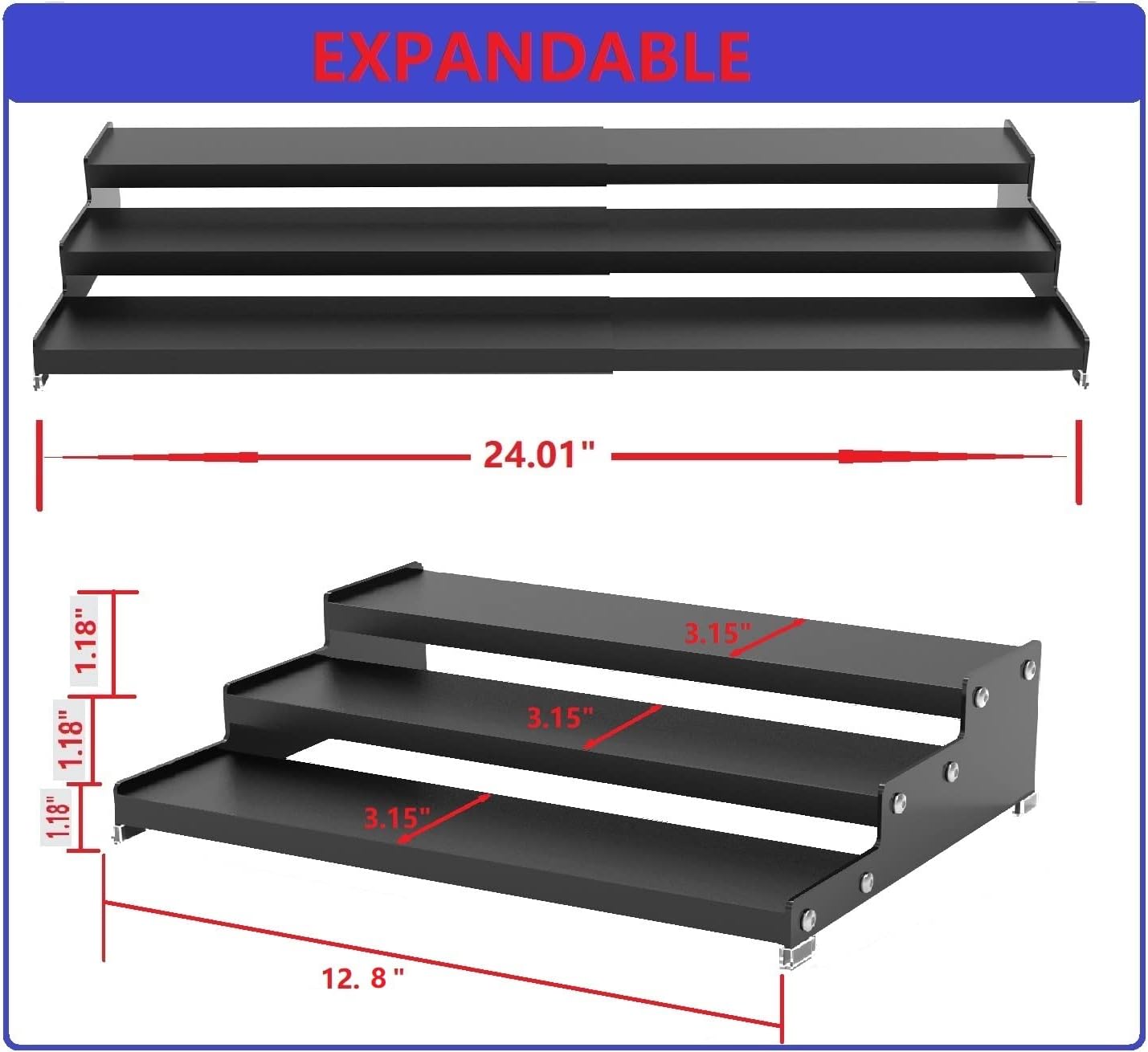 Spice Rack Organizer for Cabinet, 3 Tier Expandable Spices Storage, Great for Kitchen Cabinets, Cupboard,Pantry and Countertop More 1 Pack/Black