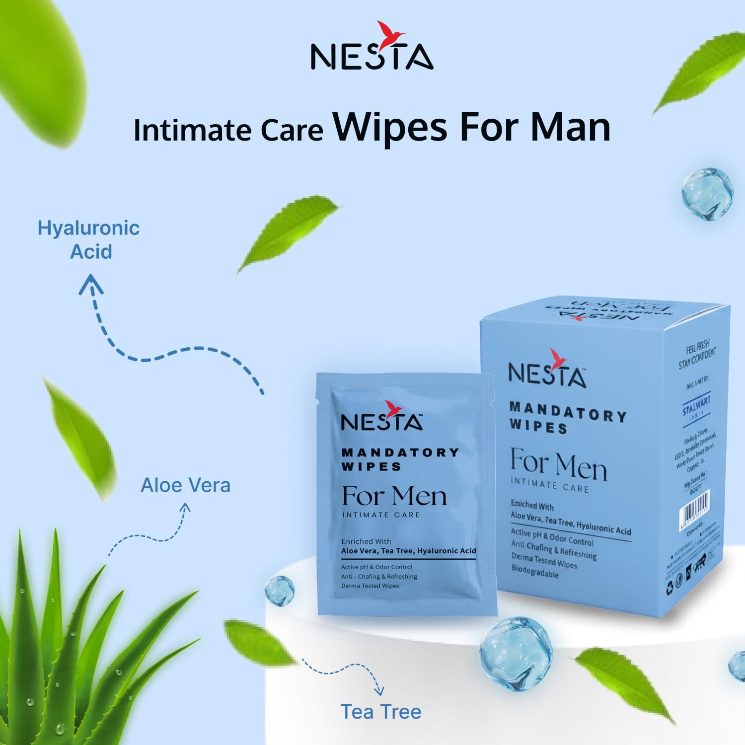 NESTA Mandatory Intimate Wipes for Men | pH Balanced Hygiene Pack Of 40 | Aloe Vera, Tea Tree & Hyaluronic Acid | Anti-Itch, Odor Control, Sweat Relief | On-the-Go Single Use Sachets | After Gym, Travel & Daily Freshness