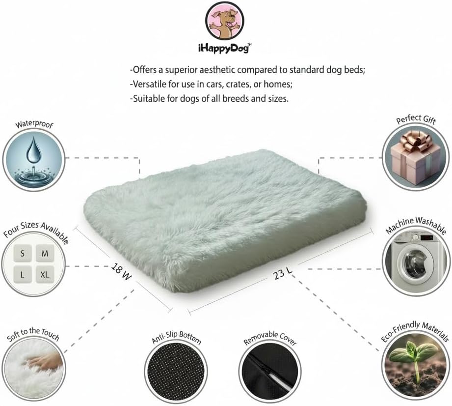 IHAPPYDOG Luxury Faux Fur Orthopedic Dog Beds, Memory Foam Crate Bed for​ Small, Medium, Large and XL Pets, Fluffy Pet Bed with Waterproof ​and ​Washable Cover, Fits Crates (White, 23"x18")