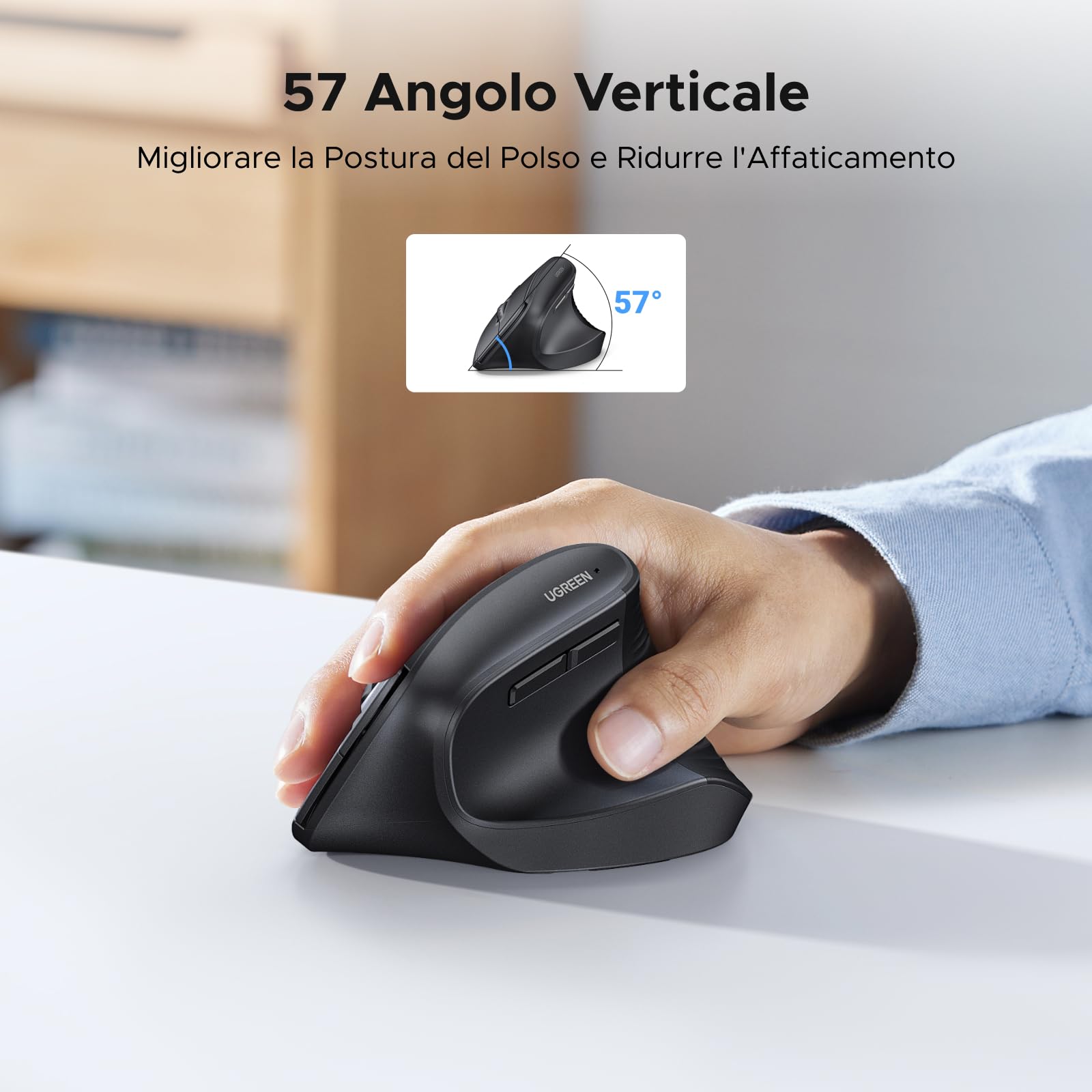 UGREEN Mouse Verticale Wireless 2,4G e Bluetooth 5.4 Silenzioso 4000 DPI | Ergonomico Compatibile con Windows macOS Linux