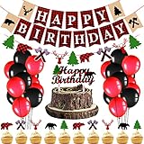 Lumberjack Birthday Decorations Banner Lumberjack Themed Party Garland Buffalo Plaid Cake Toppers Balloons for Birthday Party Supplies