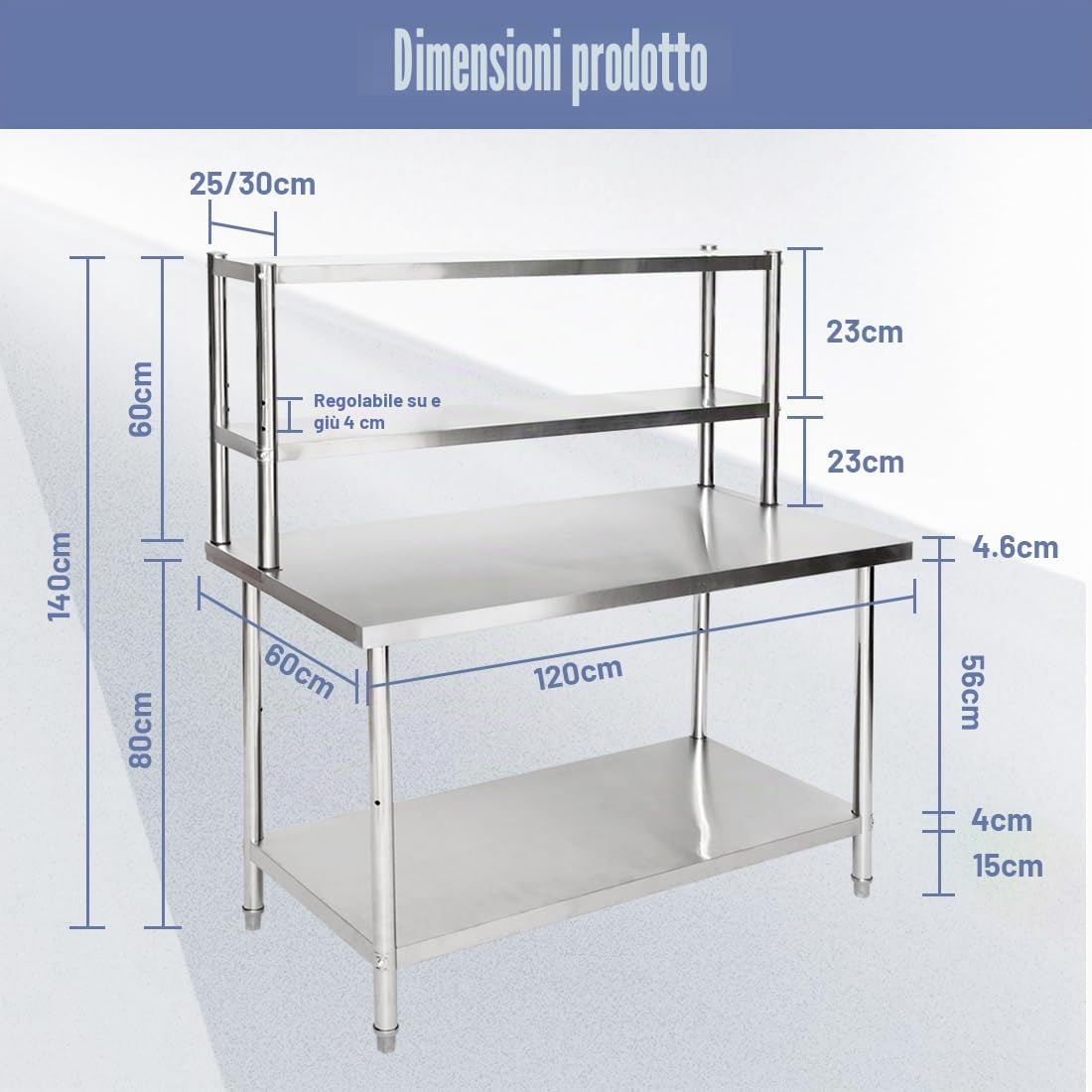 Banco da Lavoro Acciaio 120x60x80cm Regolabile 250kg per Cucina | Resistente, Facile Pulizia, Antiruggine, 2 Ripiani, Spazio Inferiore, per Ristorante, Officina, Hotel, Giardino