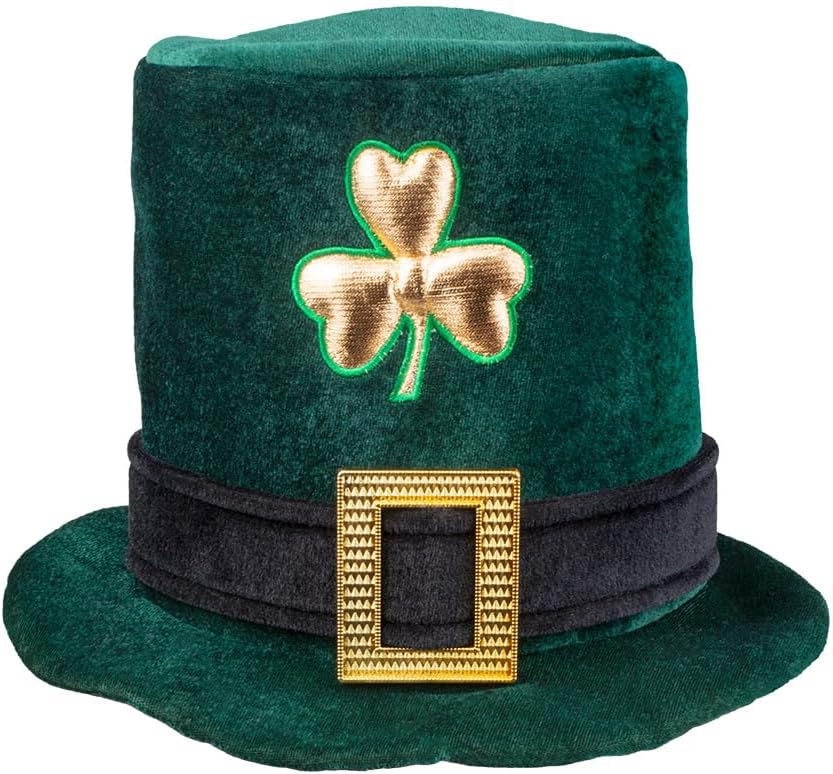 St Patrick’s Day Leprechaun Hat – Green Clover Buckle Top Hat Fancy Dress Accessory for Adults – Irish Party Costume Headwear