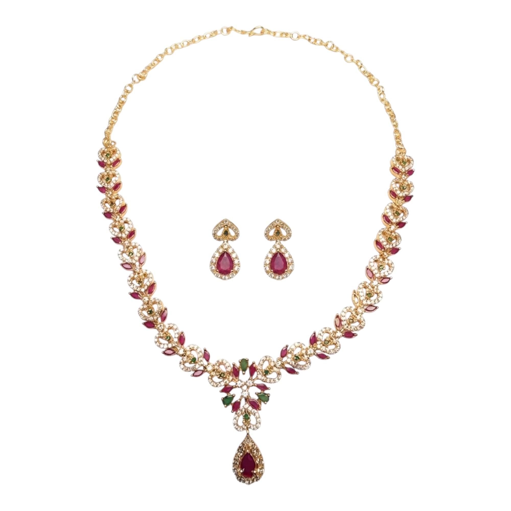 Premium Micro Gram Gold Plated American Diamond Ruby & Emerald Floral Necklace Set with Matching Drop Earrings | Traditional festive Wedding Jewellery For Women and girls-image-11