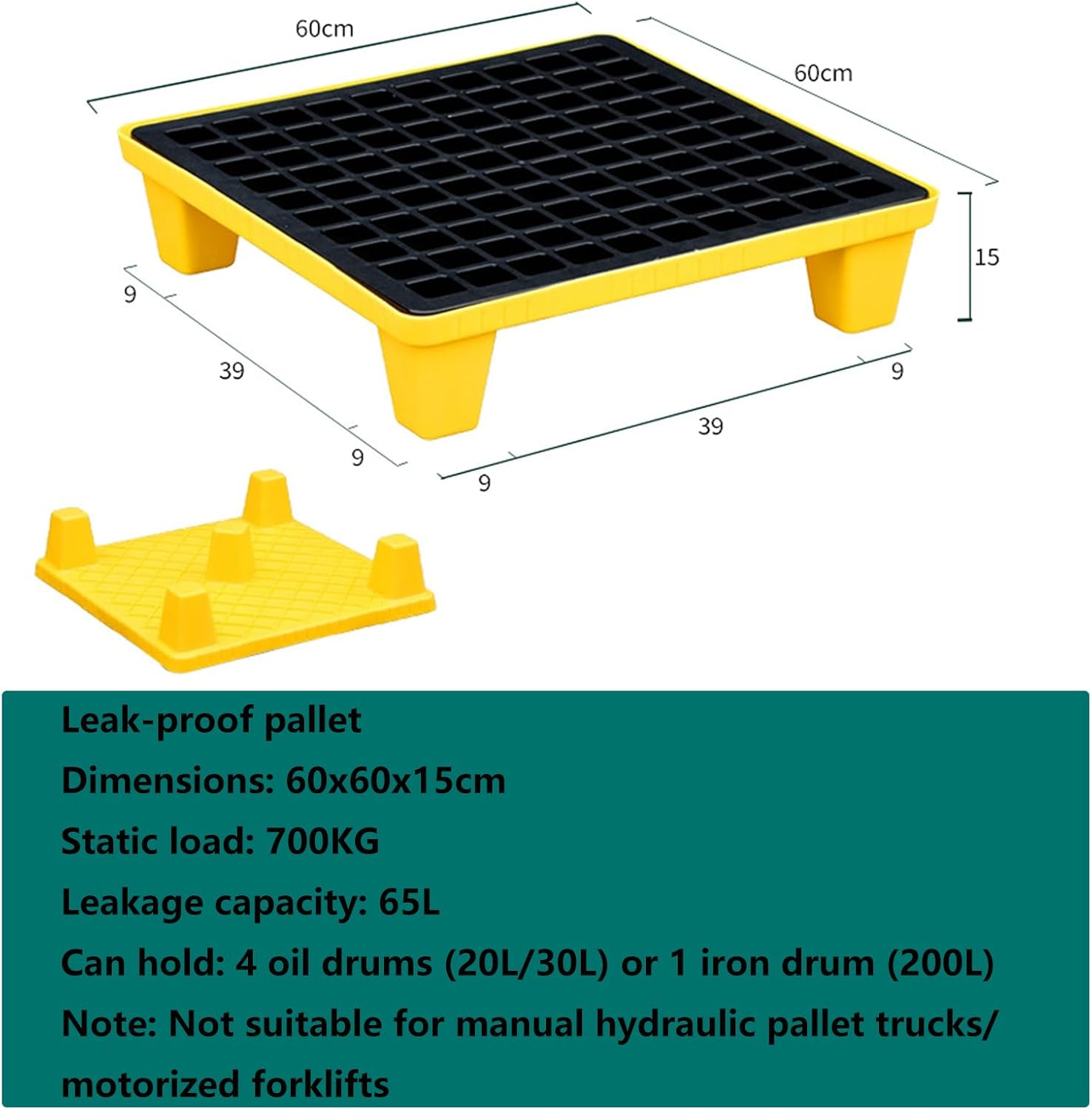 Spill Pallet 65L Sump High Visibility Yellow & Black, Industrial Polyethylene Spill Safety Pallet for Warehouses Offices