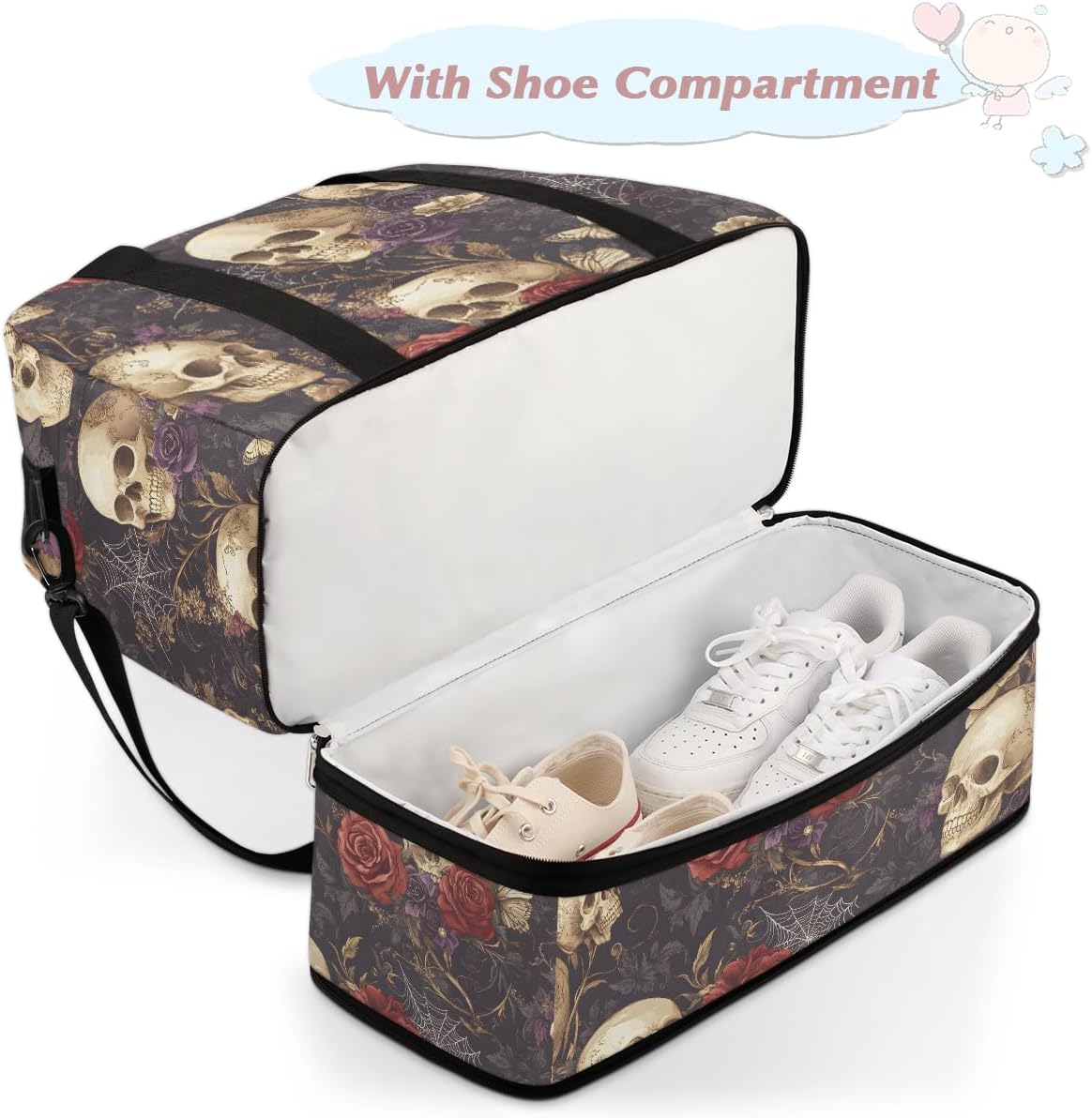 Skull Gothic Rose Flower Travel Duffel Bag Tote Carry On Luggage Sports Gym Bag With Shoe Compartment For Woman Man Overnight Weekend Yoga Workout Training Handbag - Image 4