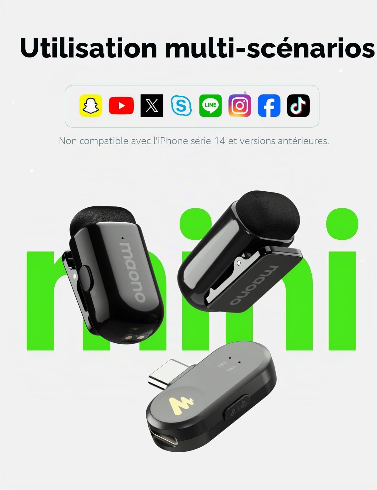 MAONO Wave T1 Mini Micro Cravate sans Fil pour iPhone 17 16 15 Android, Tablette, avec USB-C, Réduction de Bruit, Filtres Vocaux IA, pour TikTok Youtube Vlog Vidéo