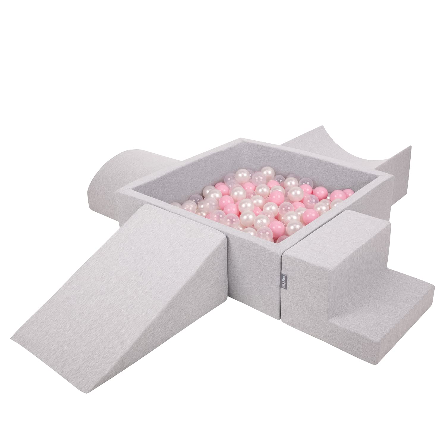 KiddyMoon Foam Playground For Kids With Square Ballpit (200 Balls ∅ 7Cm/2.75In) Soft Obstacles Course And Ball Pool Made In EU, Lightgrey:Powderpink/Pearl/Transparent