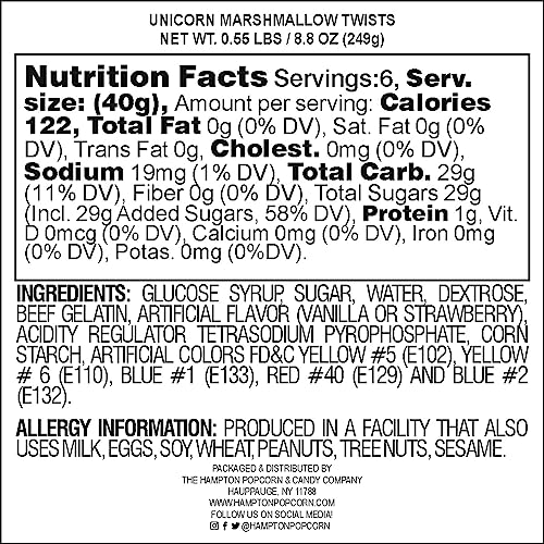 Unicorn Marshmallow Twists, 8.8 Oz. Bag, Purple, Pink, White, Blue Bulk Marshmallows, The Hampton Popcorn & Candy Company (Pack of 1)