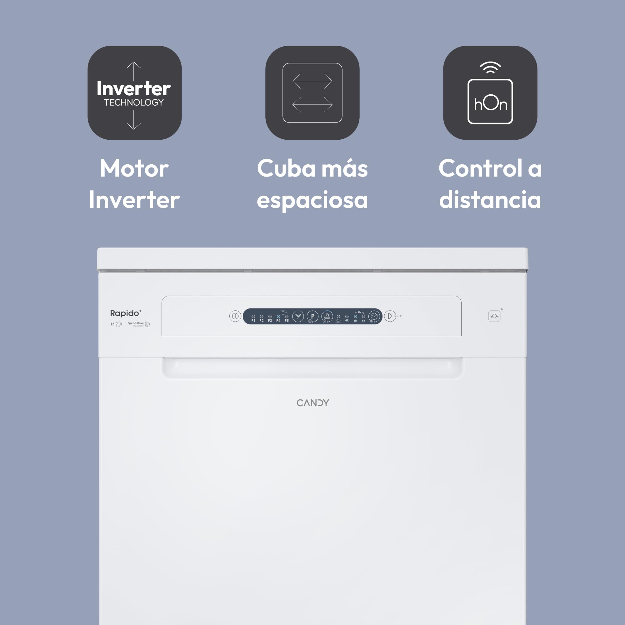 Candy Rapidò CF 3C7L1W Lavavajillas 60 CM, 13 Servicios, Wi-Fi, 5 Programas, Tercera Bandeja, Motor Inverter, Inicio Diferido 3-6-9 H, Indicador Sal y Abrillantador, 47DB, Blanco
