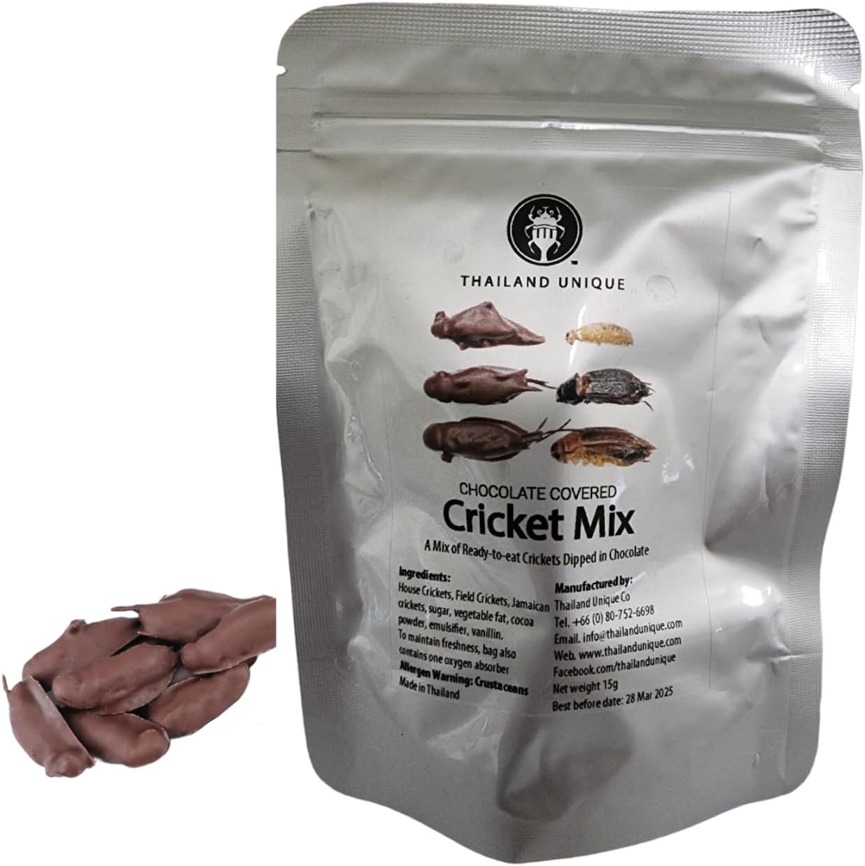 Thailand Unique Chocolate Covered Crickets - 15 Gram Bag of Dehydrated House, Field, and Jamaican Crickets for Humans, Nutritious Bugs Superfood Unusual, Weird Snack Gift