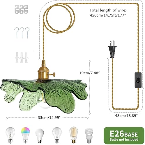 Miniatura 3 de Lámpara colgante de cristal verde enchufable de 14.75 pies con cable de enchufe, 1 luz colgante de latón soplado a mano, lámpara colgante para