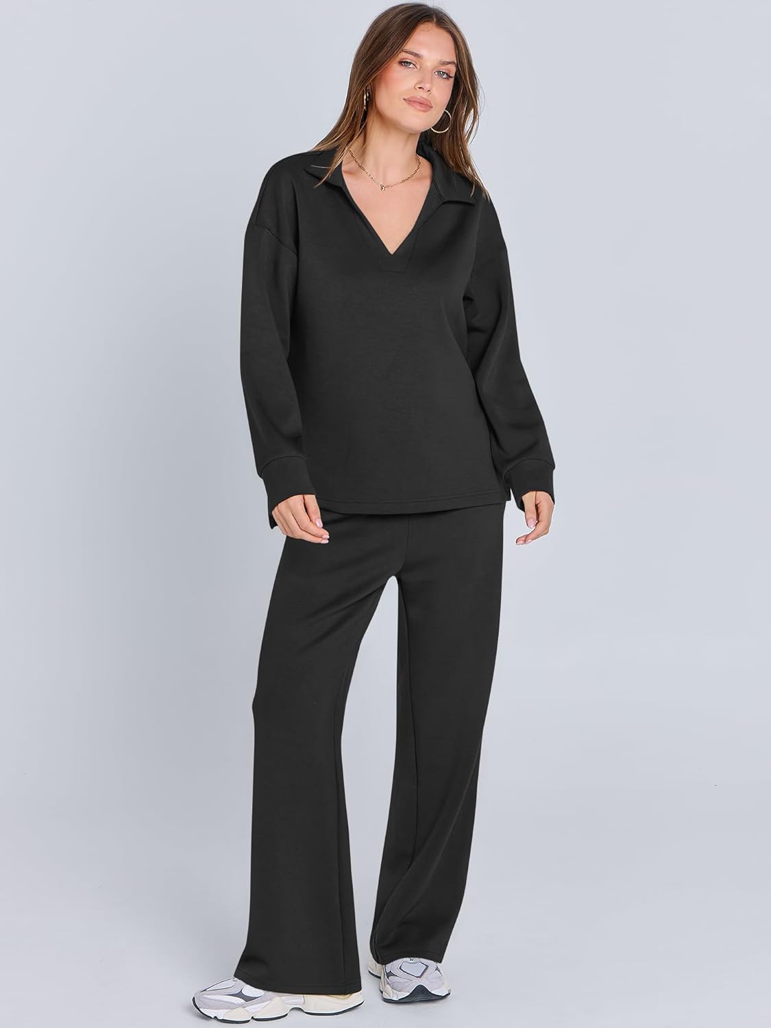 ANRABESS Women's 2 Piece Outfits Lounge Sets Casual Long Sleeve Sweatsuits Polo Top Wide Leg Pants Fall Sweat Matching Sets - Image 3